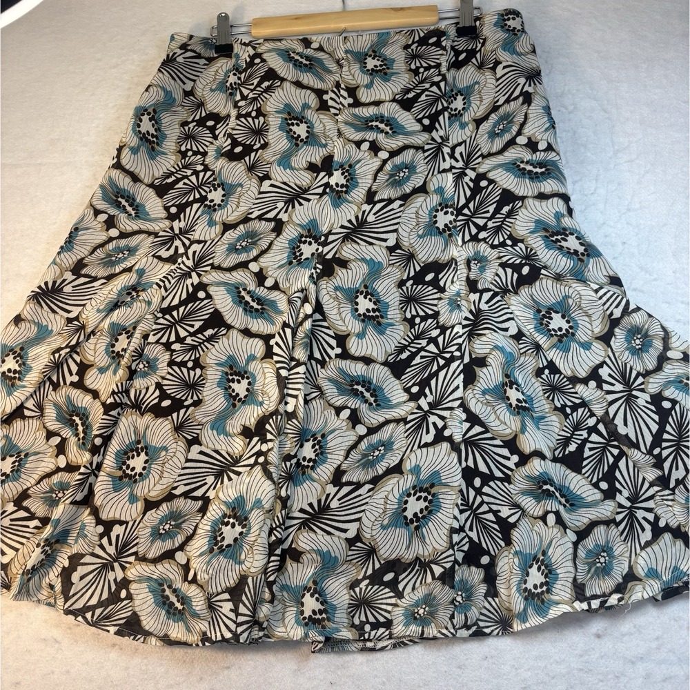 George A-line Floral Skirt 14 Brown Blue Chiffon Fit & Flare Lined Career Boho